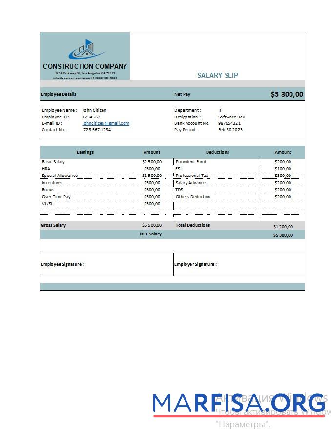 Blank Construction company earning statement real example